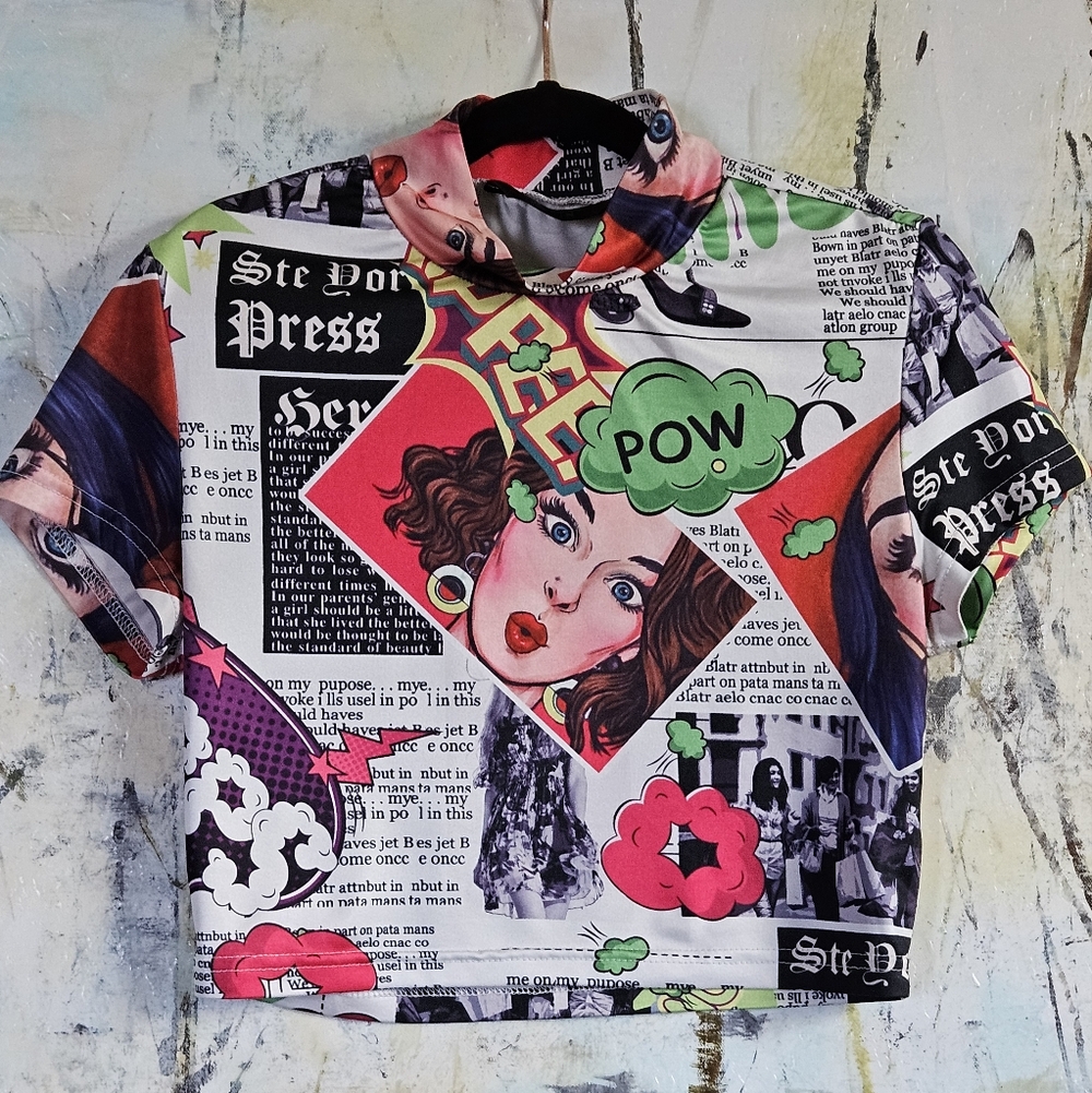 SHEIN Pop Art Eye-Catching Mock Turtleneck Tank Top Sz S